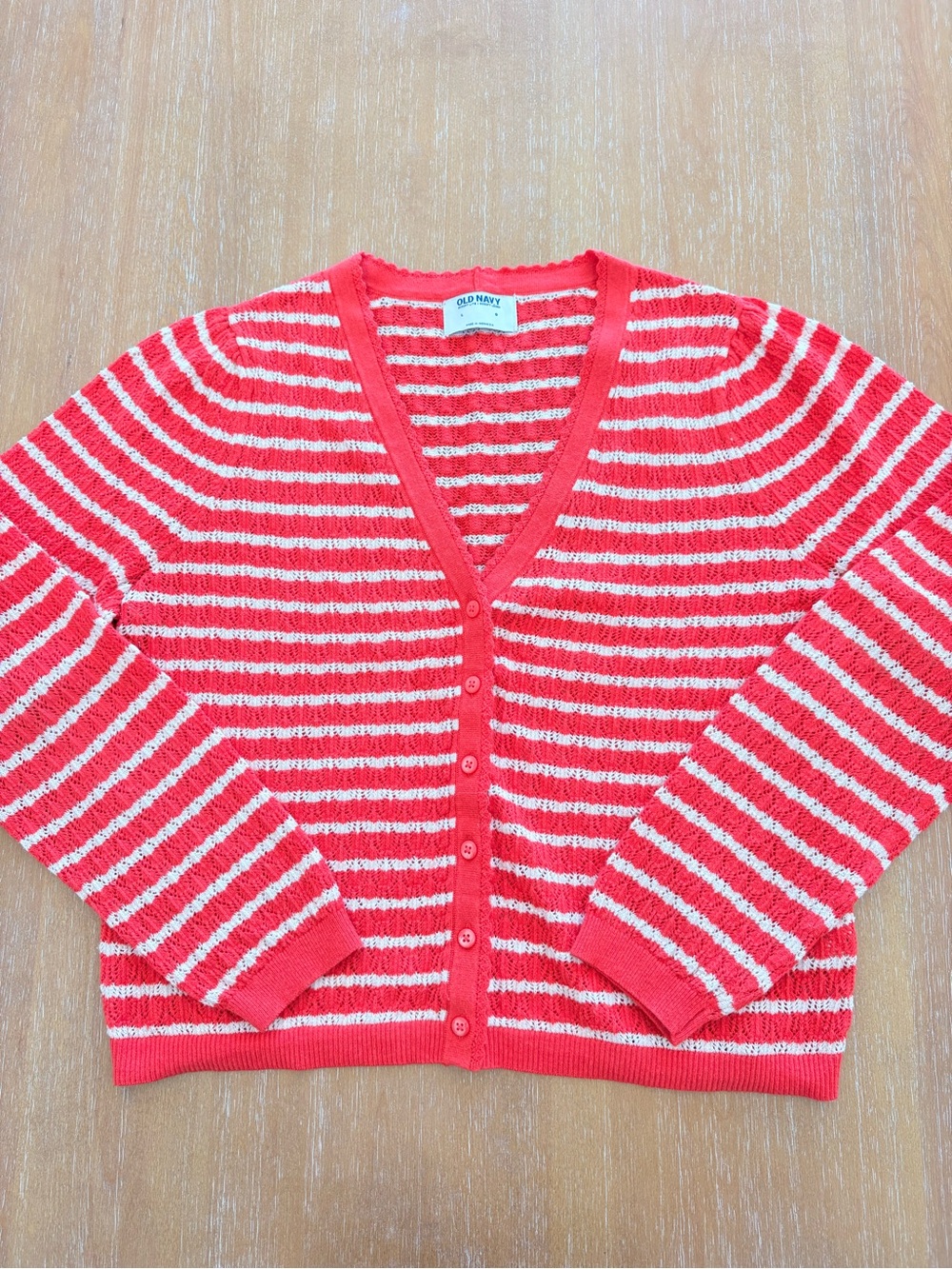 Old Navy Red and White Striped V-Neck Button Front Cardigan